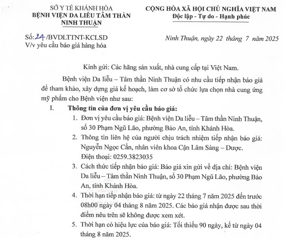 THƯ MỜI BÁO GIÁ Cung ứng mỹ phẩm cho Bệnh viện