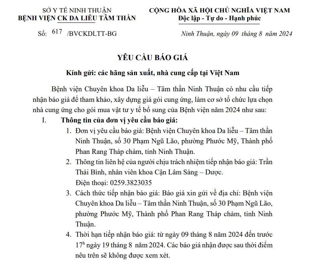 THƯ MỜI BÁO GIÁ Gói thầu vật tư y tế bổ sung năm 2024