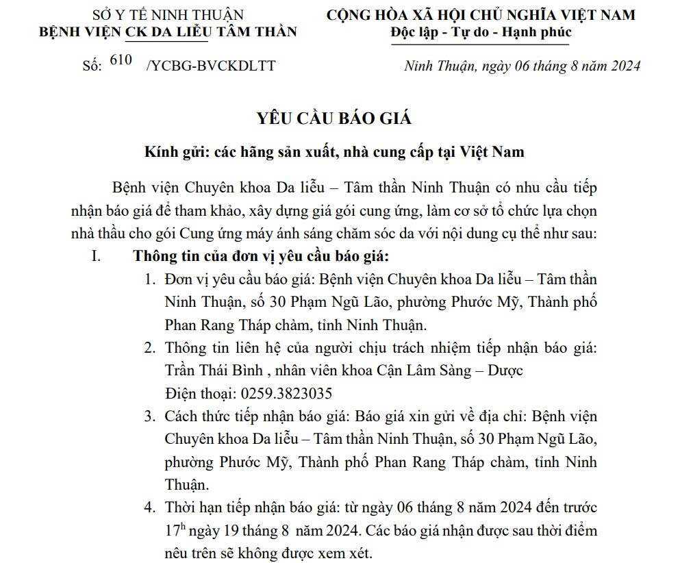 THƯ MỜI BÁO GIÁ Máy ánh sáng chăm sóc da năm 2024