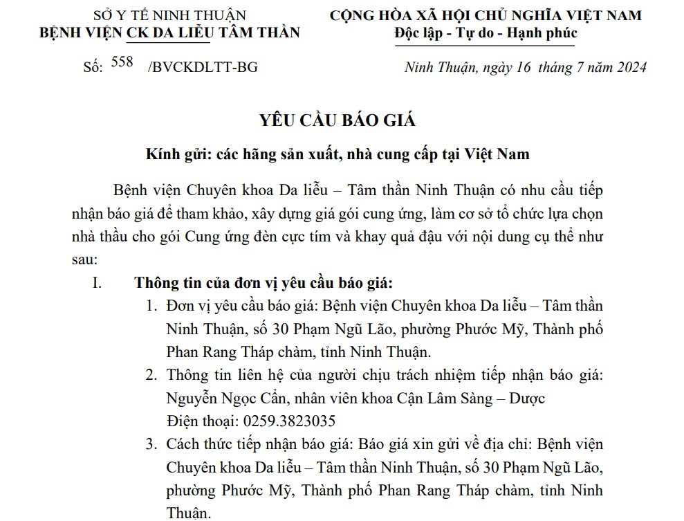 THƯ MỜI BÁO GIÁ Gói Cung ứng đèn cực tím và khay quả đậu