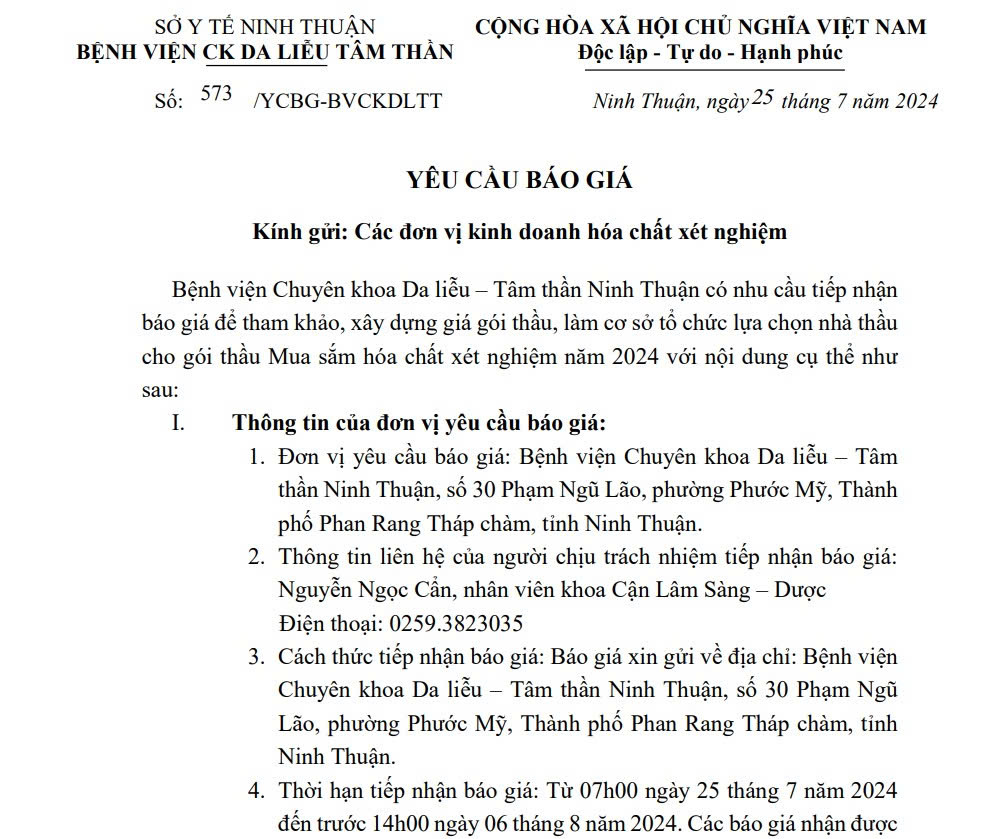 THƯ MỜI BÁO GIÁ Mua sắm hóa chất xét nghiệm năm 2024