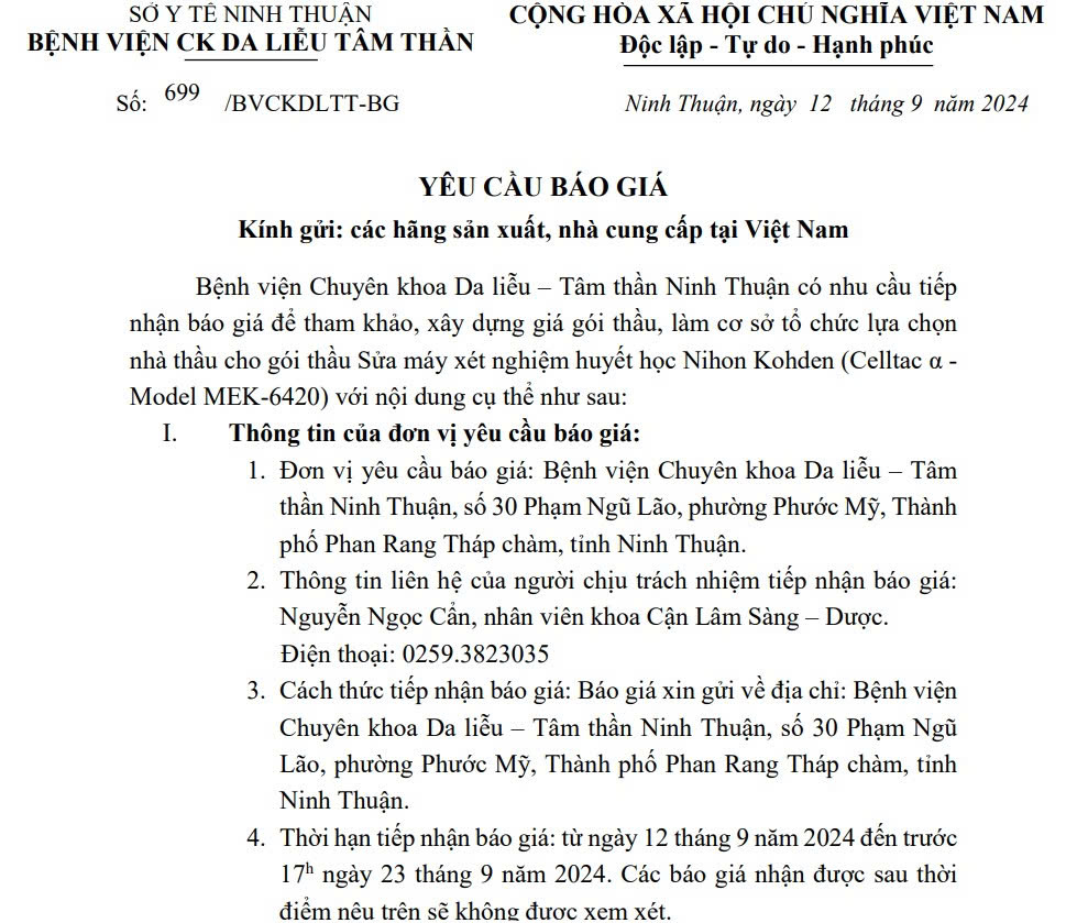 THƯ MỜI BÁO GIÁ Sửa máy xét nghiệm huyết học Nihon Kohden