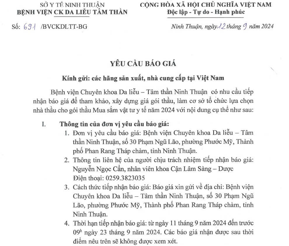 THƯ MỜI BÁO GIÁ Mua sắm vật tư y tế năm 2024