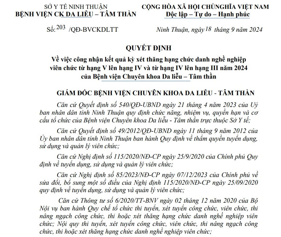 QUYẾT ĐỊNH Về việc công nhận kết quả kỳ xét thăng hạng chức danh nghề nghiệp viên chức từ hạng V lên hạng IV và từ hạng IV lên hạng III năm 2024 của Bệnh viện Chuyên khoa Da liễu – Tâm thần