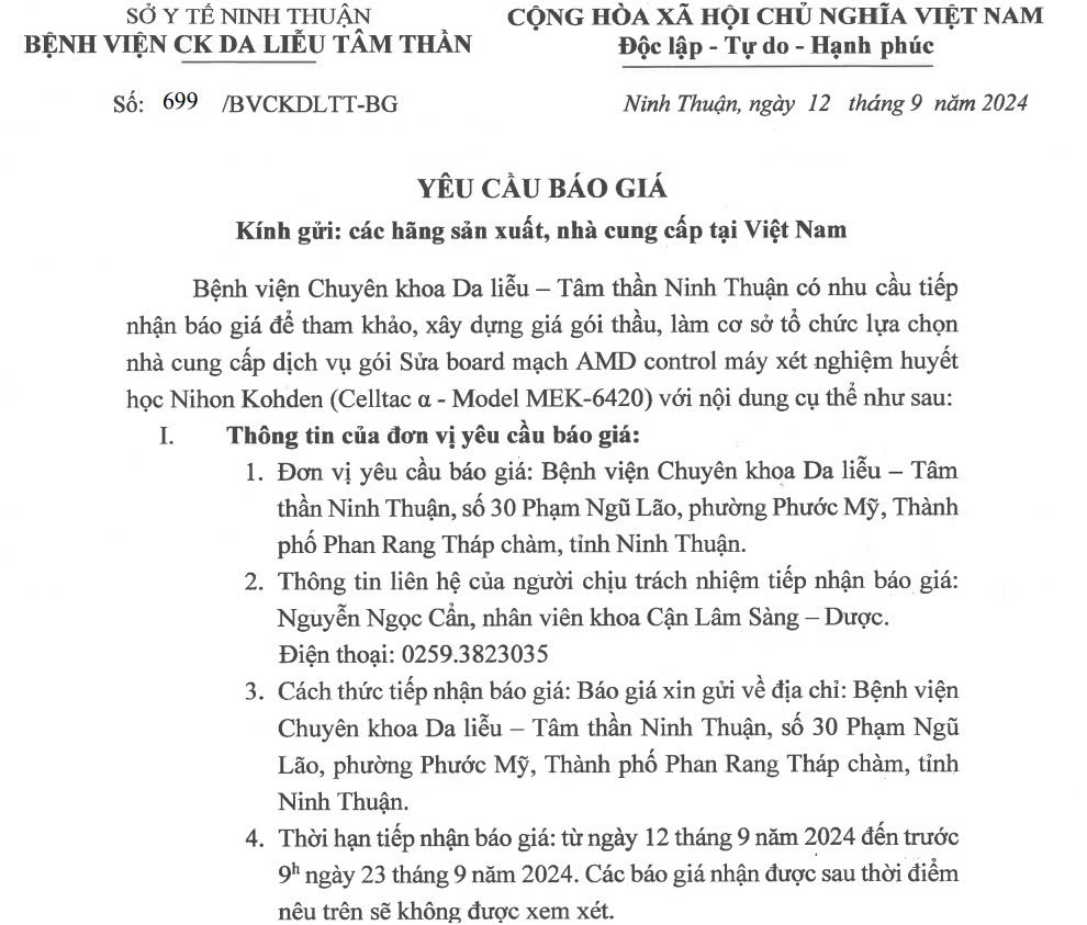 THƯ MỜI BÁO GIÁ Sửa máy xét nghiệm huyết học Nihon Kohden