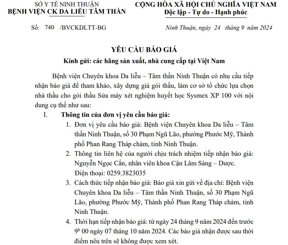 THƯ MỜI BÁO GIÁ Sửa máy xét nghiệm huyết học Sysmex XP 100