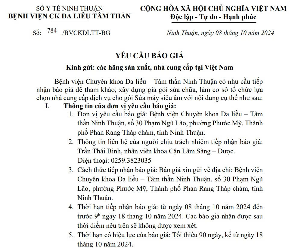 THƯ MỜI BÁO GIÁ Sửa máy siêu âm