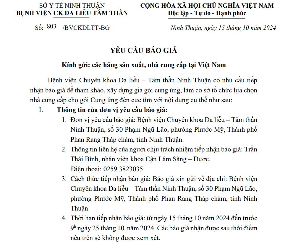 THƯ MỜI BÁO GIÁ Đèn cực tím
