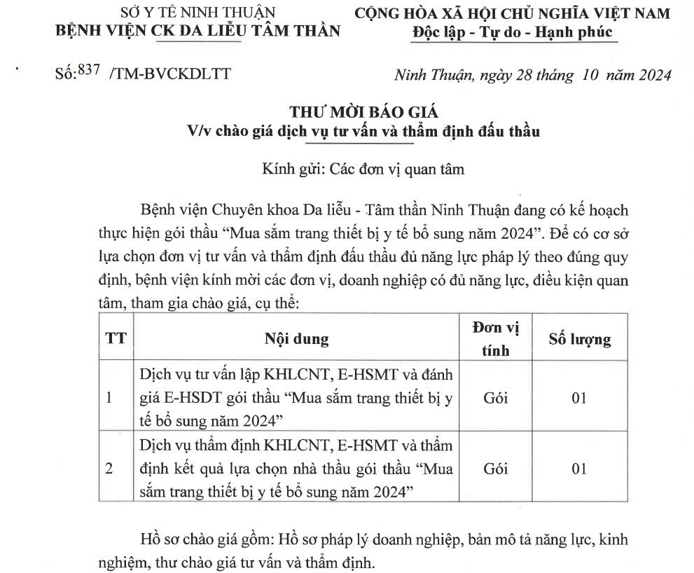 THƯ MỜI BÁO GIÁ Dịch vụ tư vấn và thẩm định đấu thầu