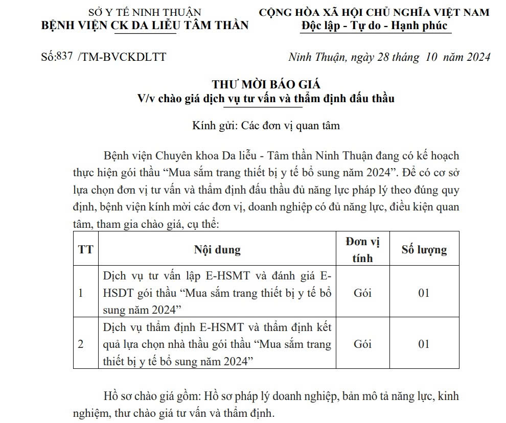 THƯ MỜI BÁO GIÁ Mua sắm trang thiết bị y tế bổ sung năm 2024 (Máy ánh sáng chăm sóc da, Đèn mổ di động)