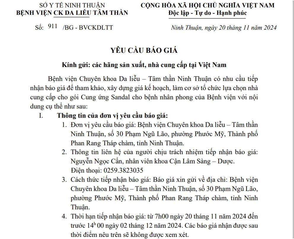 THƯ MỜI BÁO GIÁ Cung ứng Sandal cho bệnh nhân phong