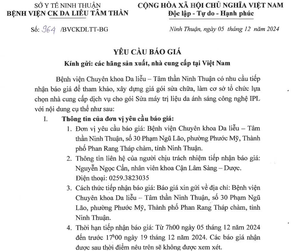 THƯ MỜI BÁO GIÁ Sửa máy trị liệu da ánh sáng công nghệ IPL