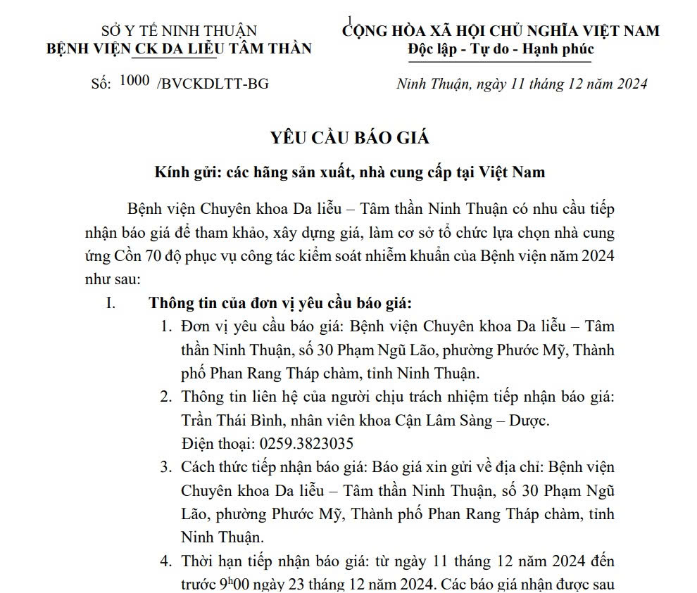 THƯ MỜI BÁO GIÁ Cồn 70 độ