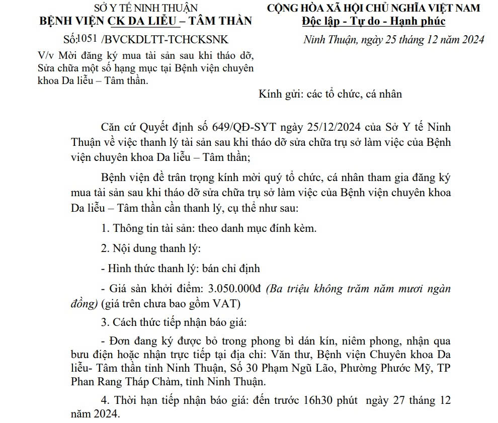 THƯ MỜI Đăng ký mua tài sản sau khi tháo dỡ, Sửa chữa một số hạng mục tại Bệnh viện chuyên khoa Da liễu – Tâm thần.