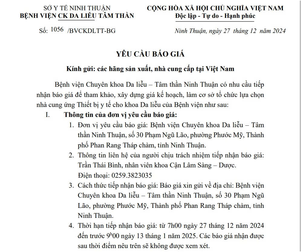 THƯ MỜI BÁO GIÁ Cung ứng thiết bị y tế cho Khoa Da liễu năm 2024