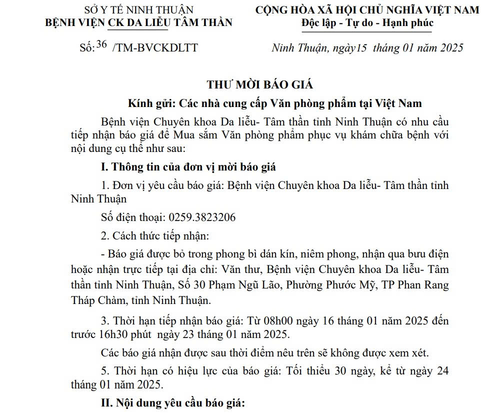 THƯ MỜI BÁO GIÁ Mua sắm văn phòng phẩm phục vụ khám chữa bệnh