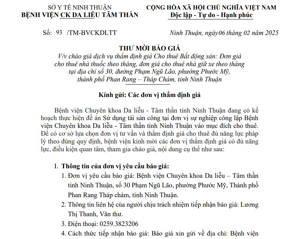 THƯ MỜI BÁO GIÁ THƯ MỜI BÁO GIÁ V/v chào giá dịch vụ thẩm định giá Cho thuê Bất động sản: Đơn giá cho thuê nhà thuốc theo tháng, đơn giá cho thuê nhà giữ xe theo tháng tại địa chỉ số 30, đường Phạm Ngũ Lão, phường Phước Mỹ, thành phố