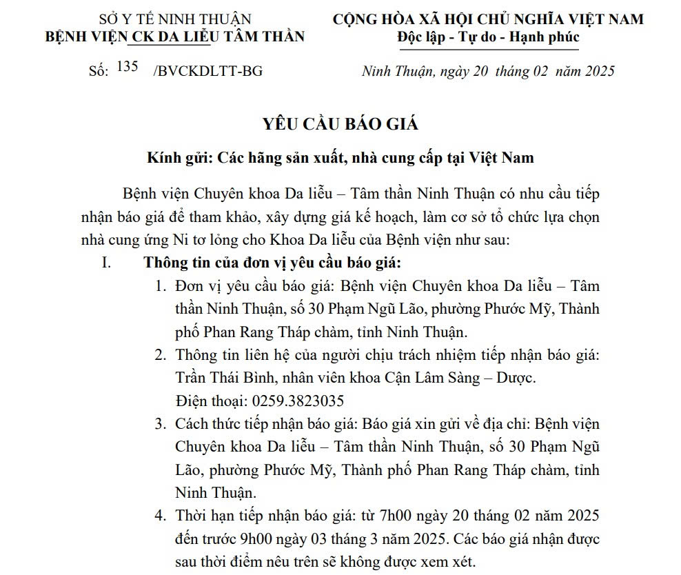THƯ MỜI BÁO GIÁ Cung ứng Nitơ lỏng cho Khoa Da liễu