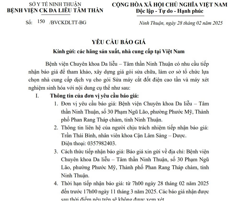 THƯ MỜI BÁO GIÁ Sửa máy cắt đốt điện cao tần và máy xét nghiệm huyết học
