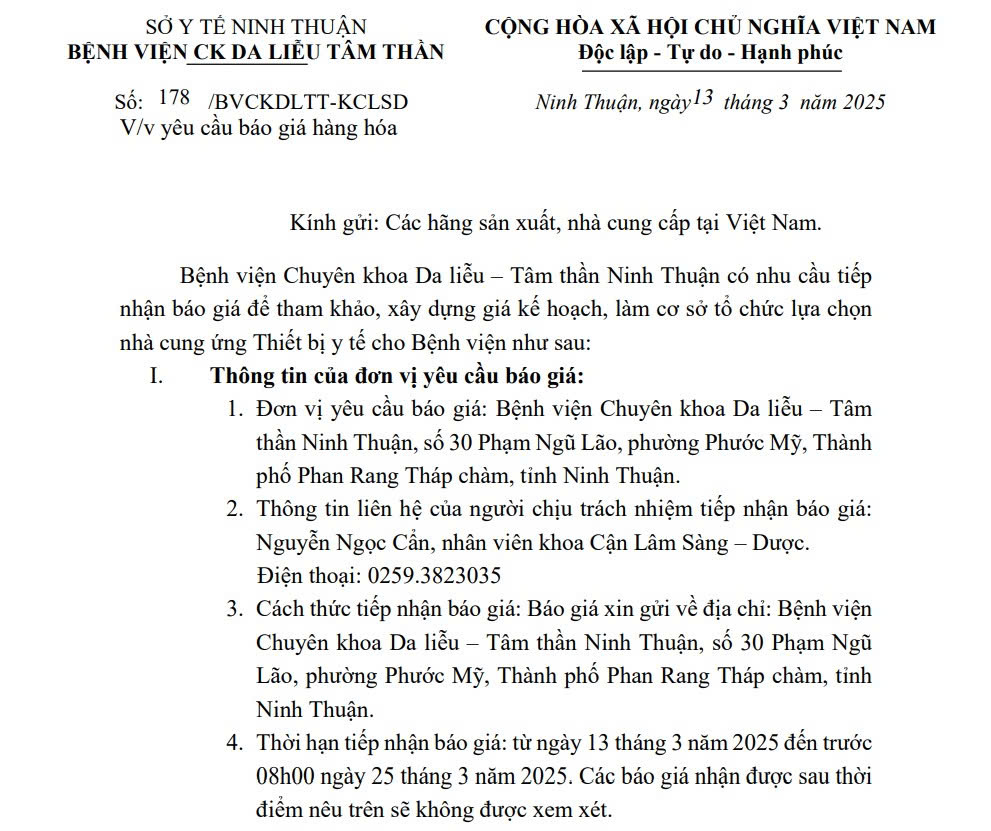 THƯ MỜI BÁO GIÁ Thiết bị tế cho Bệnh viện