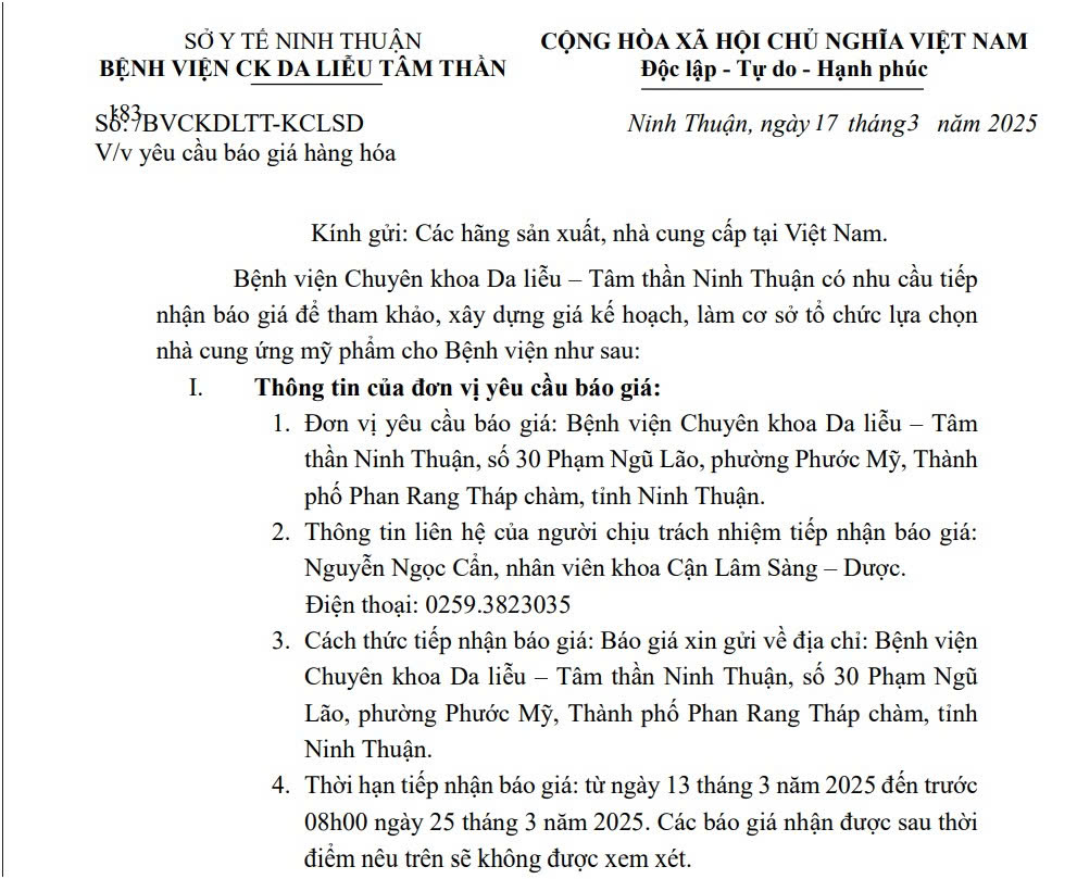 THƯ MỜI BÁO GIÁ Cung ứng mỹ phẩm cho Bệnh viện