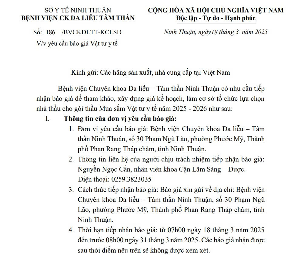 THƯ MỜI BÁO GIÁ Mua sắm vật tư y tế năm 2025-2026