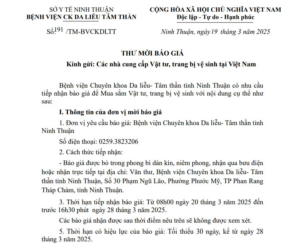 THƯ MỜI BÁO GIÁ Mua sắm vật tư, trang bị vệ sinh