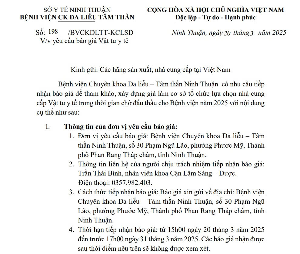 THƯ MỜI BÁO GIÁ Cung cấp Vật tư y tế trong thời gian chờ đấu thầu cho Bệnh viện năm 2025