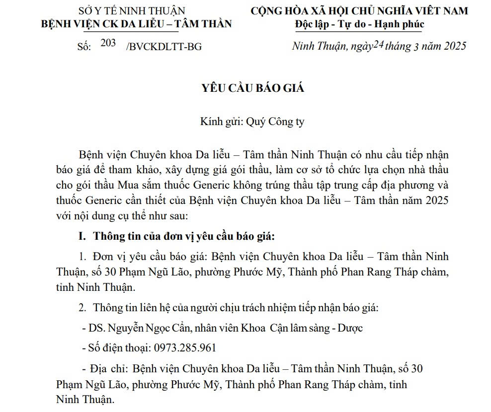 THƯ MỜI BÁO GIÁ Mua sắm thuốc Generic không trúng thầu tập trung cấp địa phương và thuốc Generic