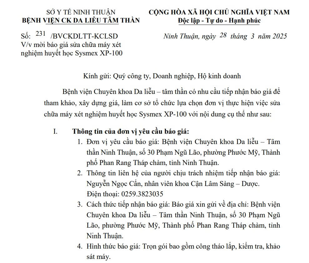 THƯ MỜI BÁO GIÁ Sửa chữa máy xét nghiệm huyết học Sysmex XP-100