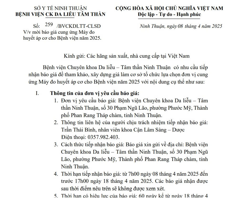 THƯ MỜI BÁO GIÁ Máy đo huyết áp cơ