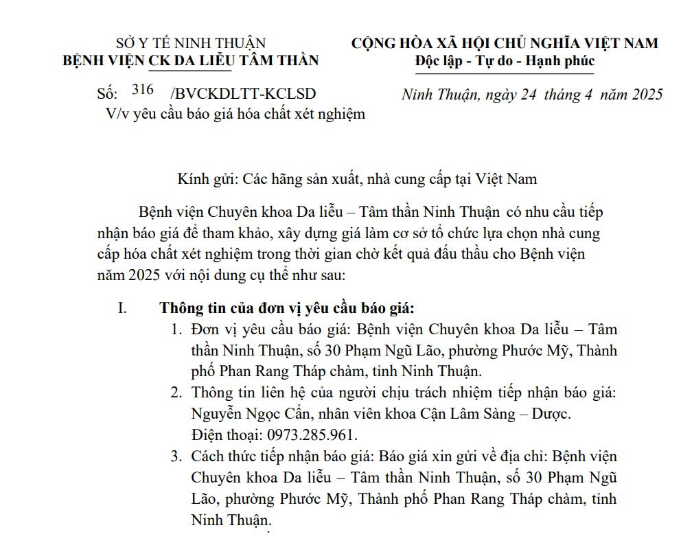 THƯ MỜI BÁO GIÁ Hóa chất xét nghiệm