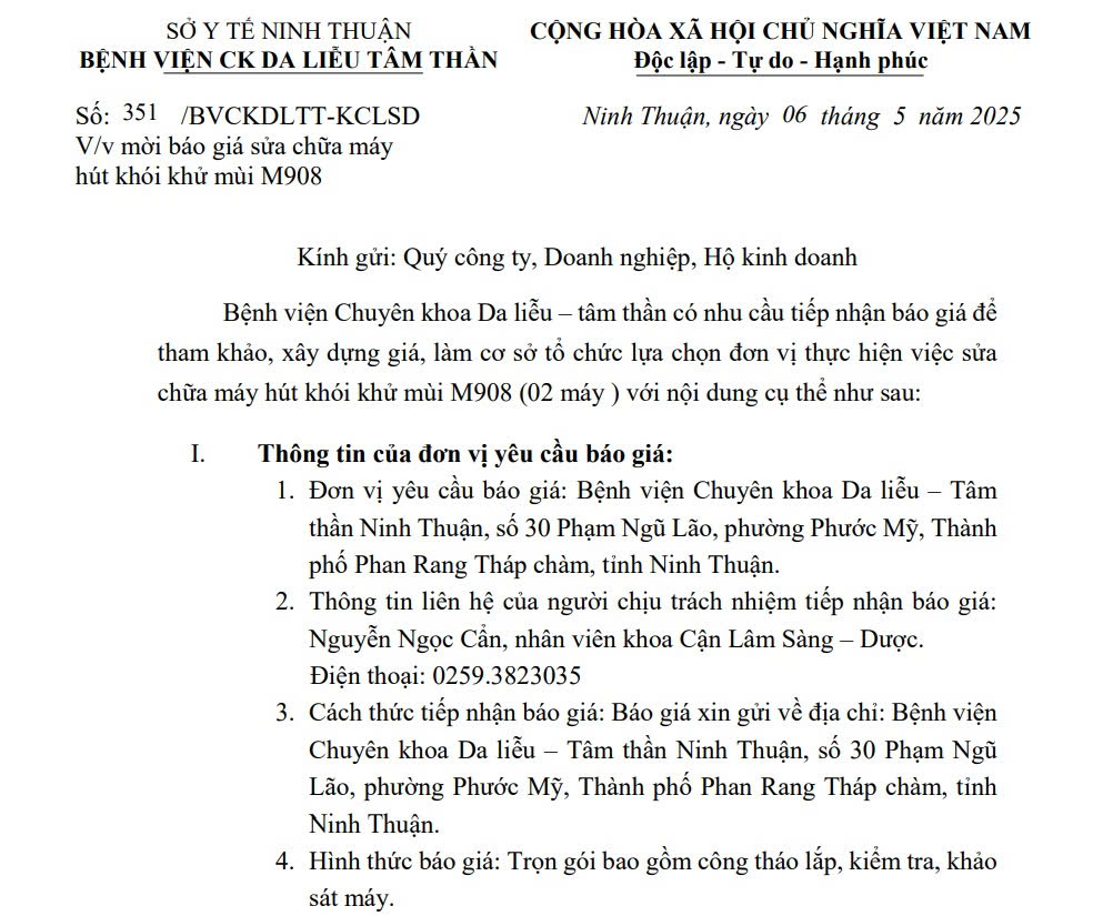 THƯ MỜI BÁO GIÁ Sửa chữa máy hút khói khử mùi M908