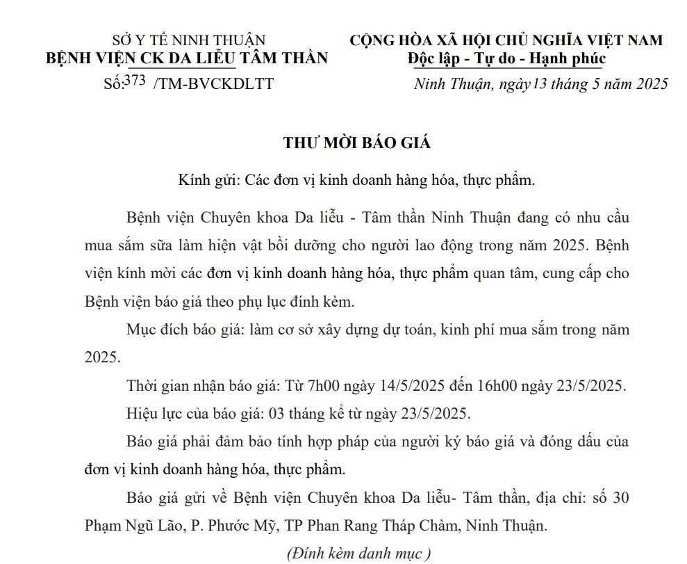 THƯ MỜI BÁO GIÁ Mua sắm sữa làm hiện vật bồi dưỡng cho người lao động trong năm 2025