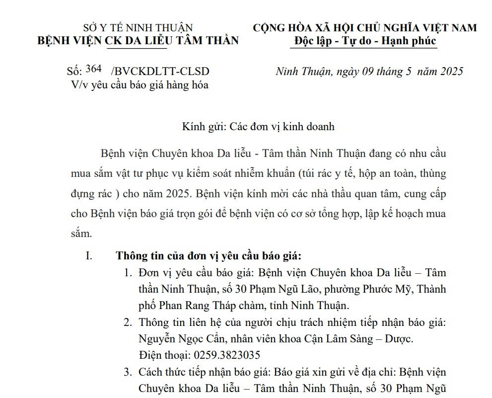 THƯ MỜI BÁO GIÁ Mua sắm vật tư phục vụ kiểm soát nhiễm khuẩn (túi rác y tế, hộp an toàn, thùng đựng rác) cho năm 2025