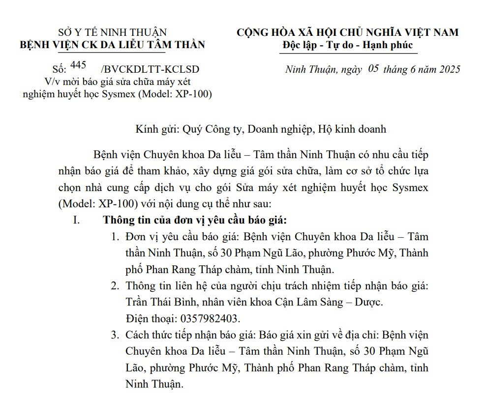 THƯ MỜI BÁO GIÁ Sửa máy xét nghiệm huyết học Sysmex (Model: XP-100)