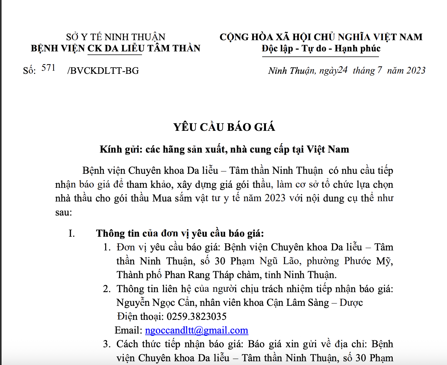 Thư mời báo giá Mua sắm vật tư y tế năm 2023 ̣