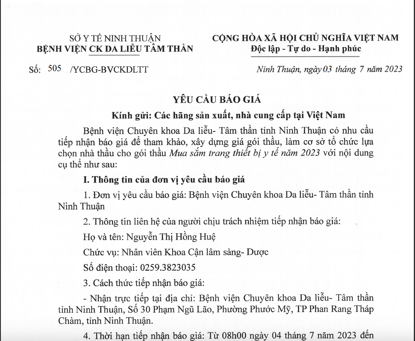 Yêu cầu báo giá gói thầu mua sắm trang thiết bị y tế 2023
