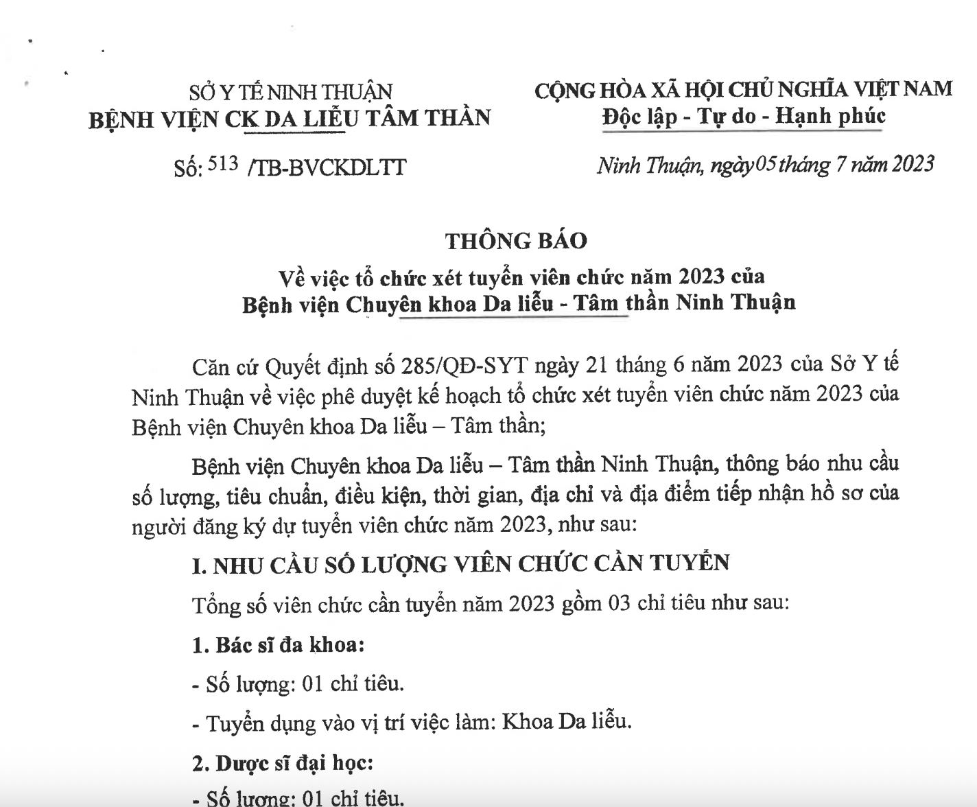 Thông báo về việc tổ chức xét tuyển viên chức năm 2023