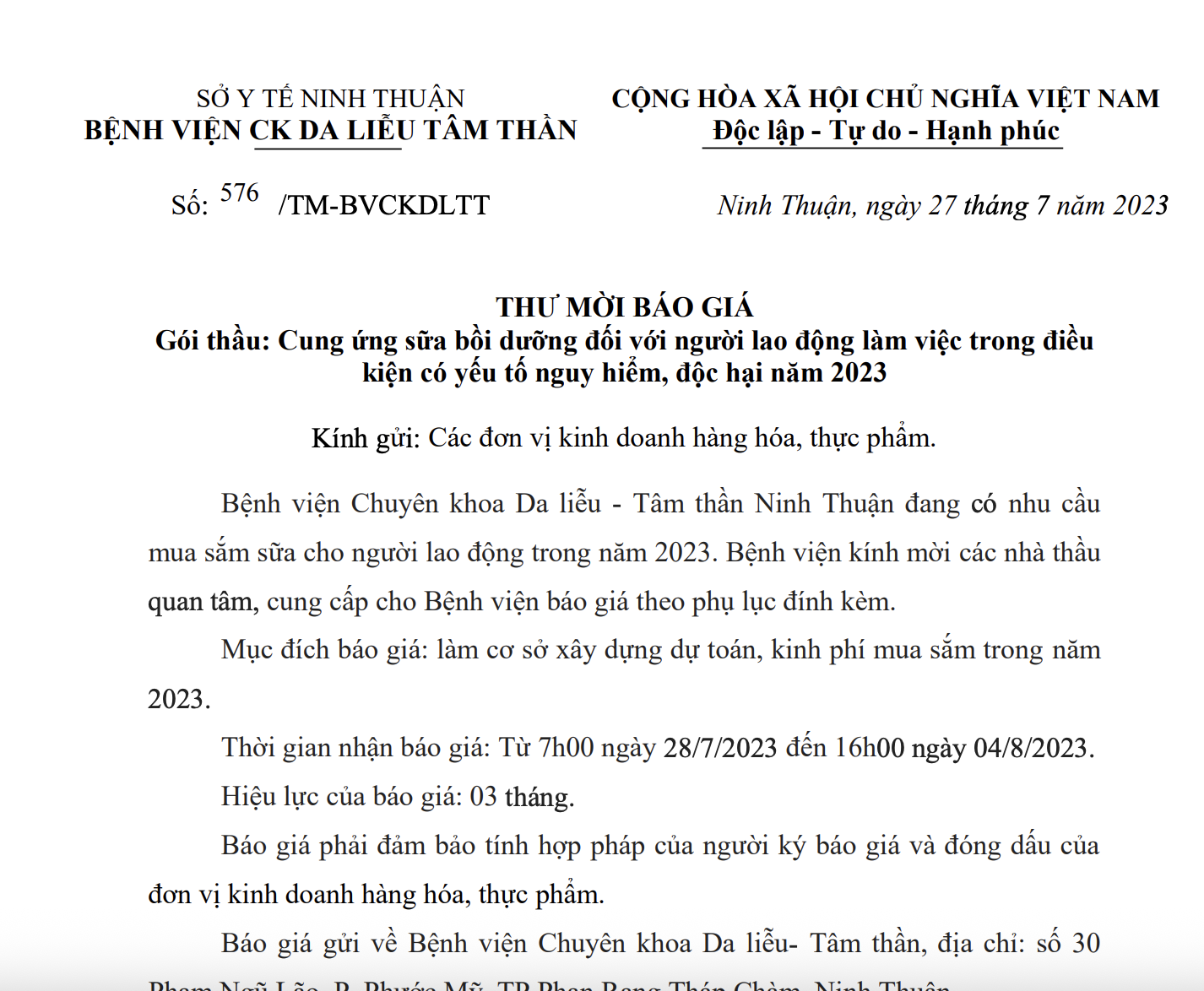 Thư mời báo giá Gói thầu cung ứng sữa bồi dưỡng đối với người lao động làm việc trong điều kiện có yếu tố nguy hiểm, độc hại năm 2023