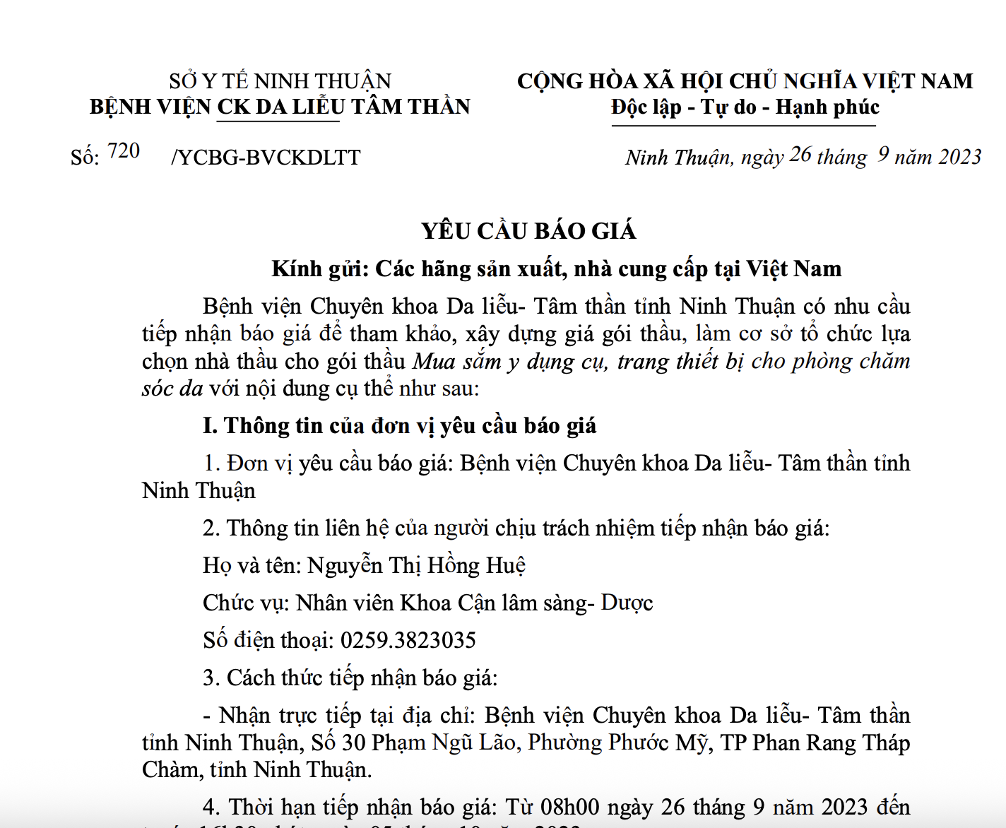 Yêu cầu báo giá Mua sắm dụng cụ, trang thiết bị cho phòng chăm sóc da