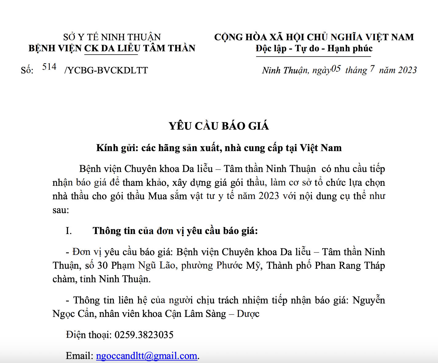 Yêu cầu báo giá Gói thầu Mua sắm vật tư y tế năm 2023