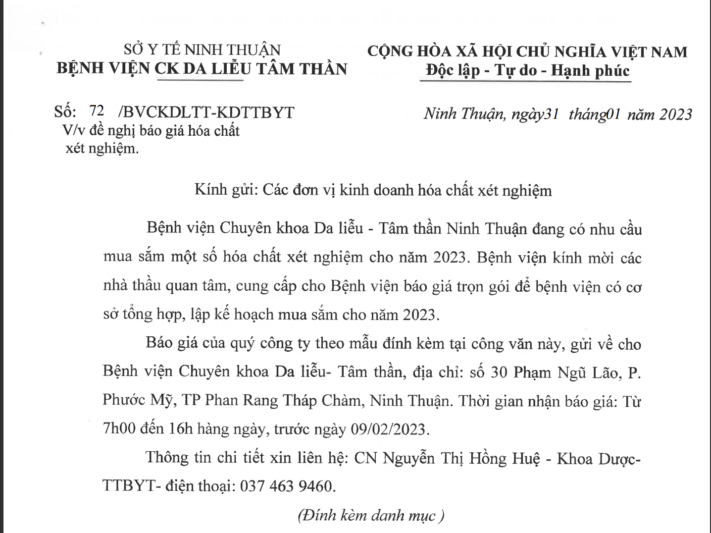ĐỀ NGHỊ báo giá Hóa chất xét nghiệm