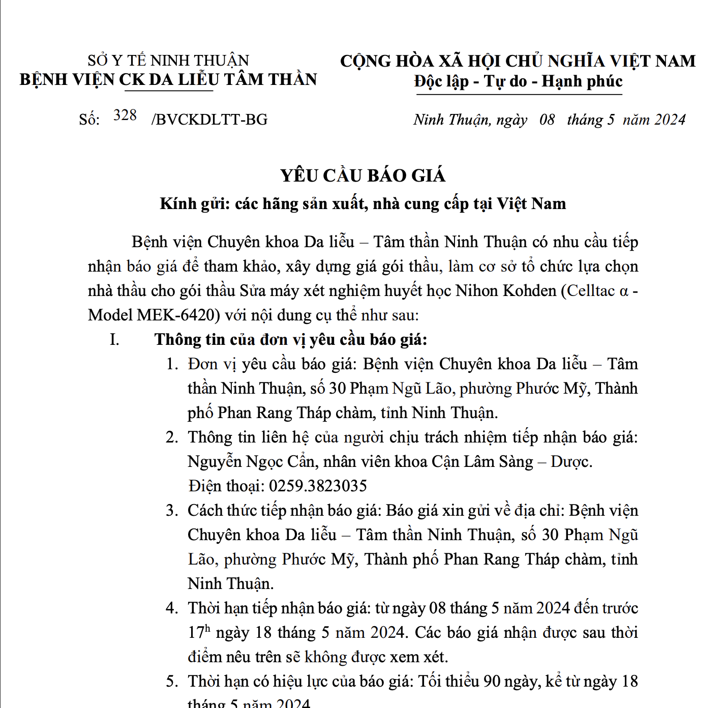 THƯ MỜI BÁO GIÁ Sửa máy xét nghiệm huyết học Nihon Kohde