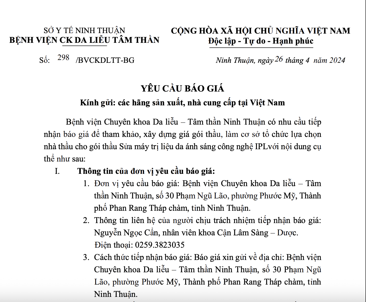 THƯ MỜI BÁO GIÁ Sửa máy trị liệu da ánh sáng công nghệ IP