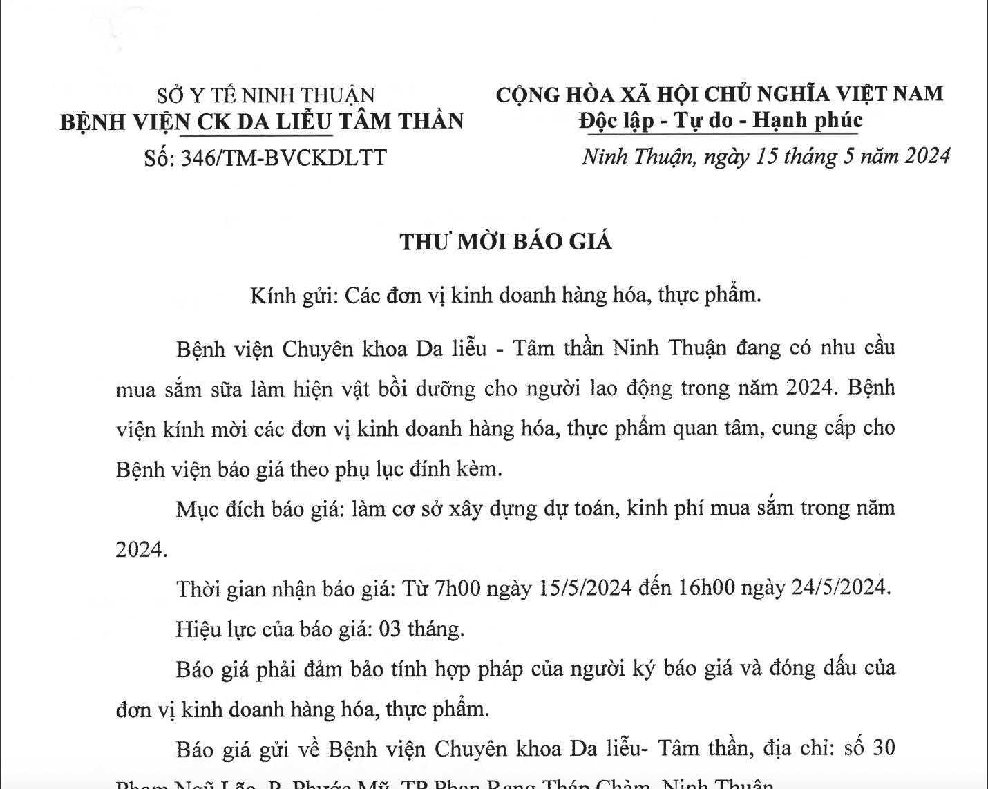 THƯ MỜI BÁO GIÁ Gói sữa