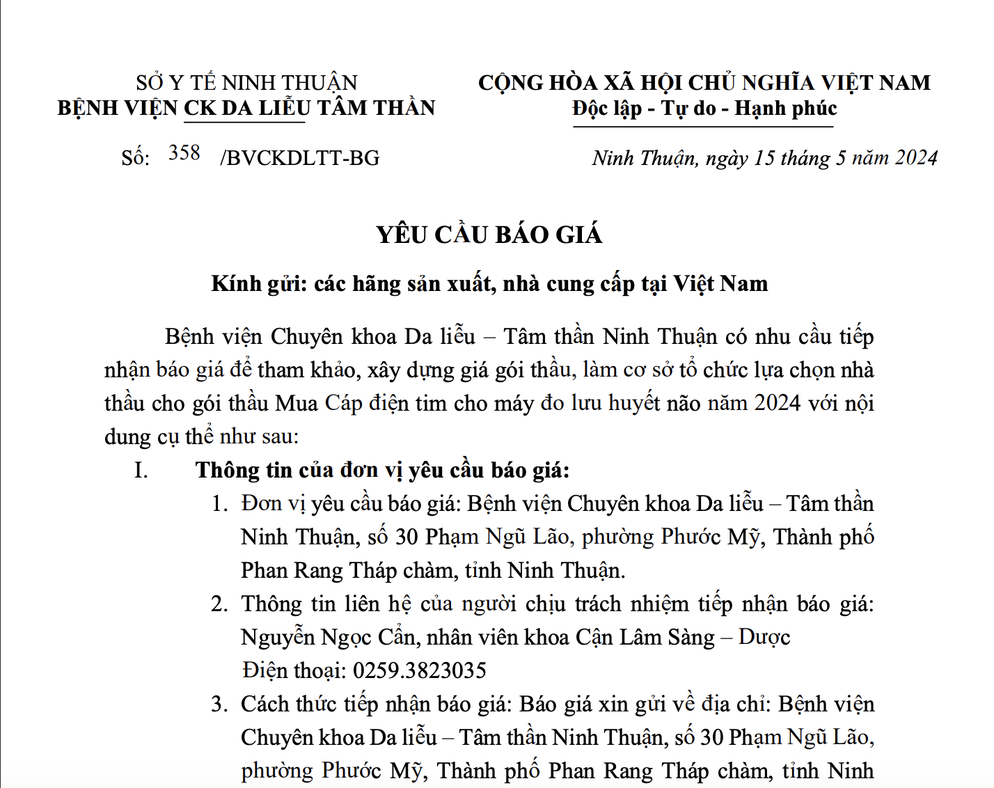 THƯ MỜI BÁO GIÁ Mua Cáp điện tim cho máy đo lưu huyết não năm 2024