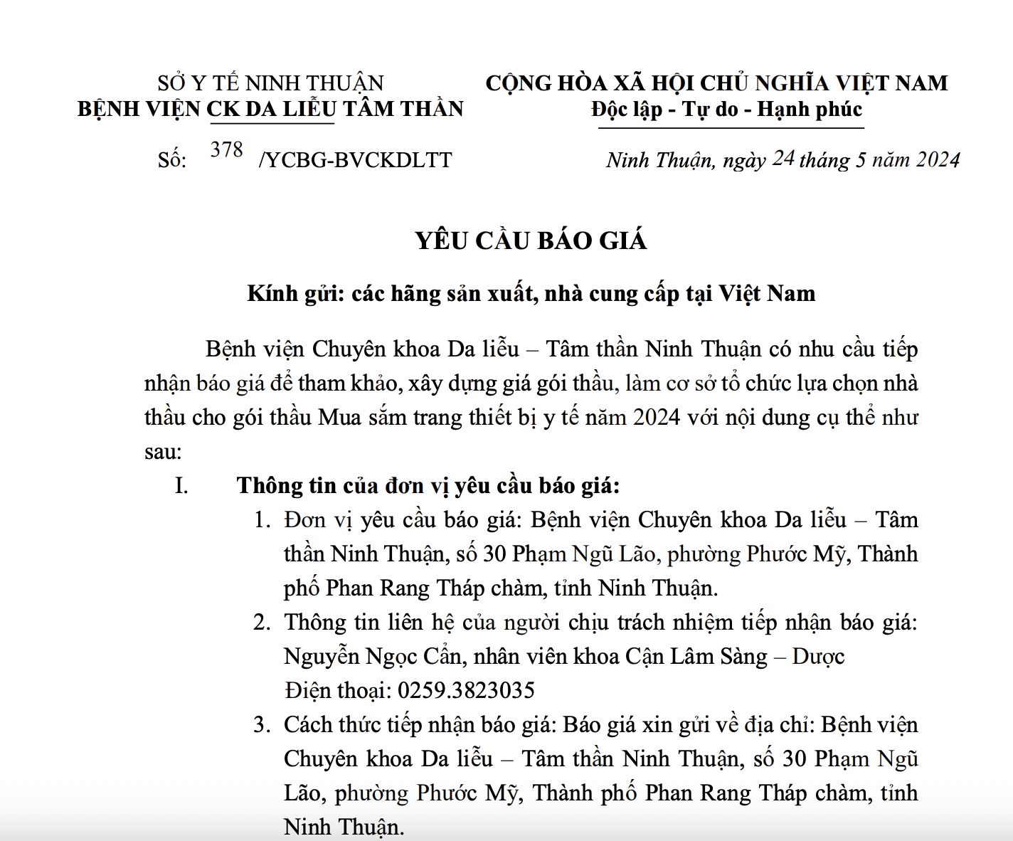 THƯ MỜI BÁO GIÁ Mua sắm trang thiết bị y tế năm 2024