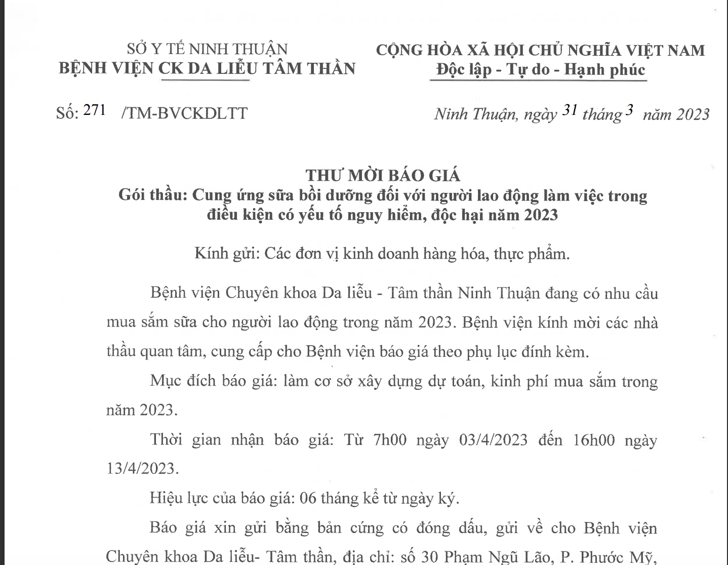 Thư mời báo giá Gói thầu cung ứng sữa