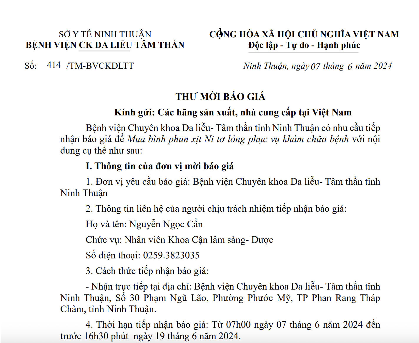 THƯ MỜI BÁO GIÁ Mua bình phun xịt Ni tơ lỏng phục vụ khám chữa bệnh